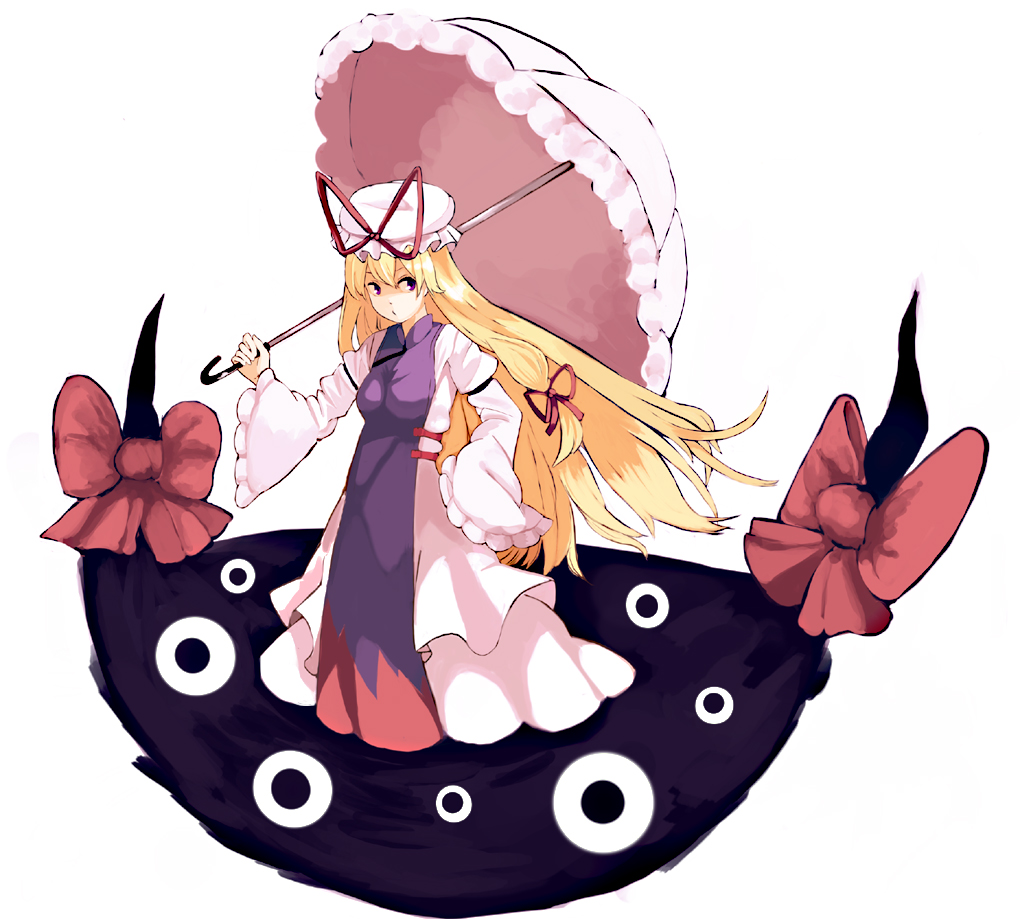 shiromiso, yakumo yukari, touhou, 1girl, blonde hair, breasts, dress, female focus, full body, gap (touhou), hat, long hair, ribbon, simple background, solo, umbrella, white background