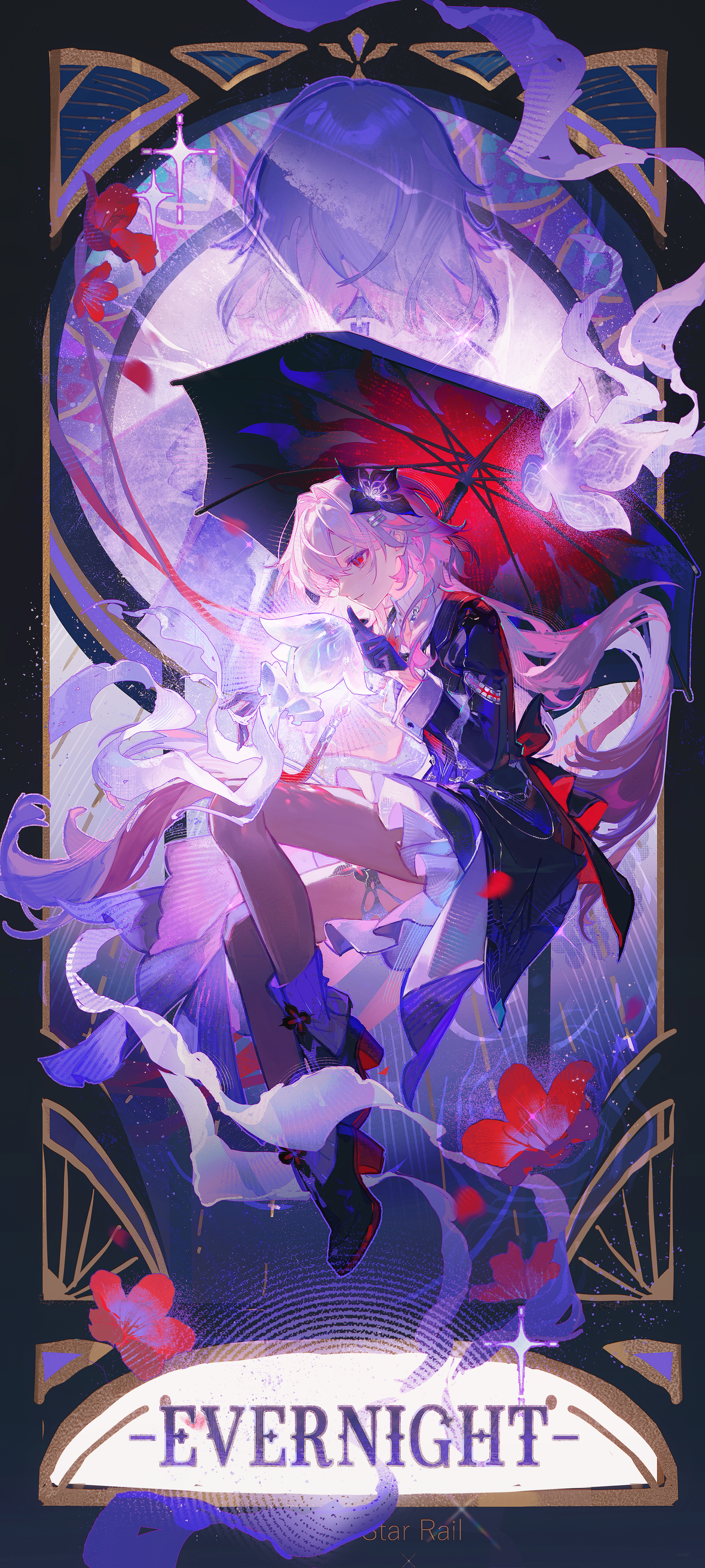 niukou kouzi, evernight (honkai: star rail), march 7th (honkai: star rail), march 7th (preservation) (honkai: star rail), honkai: star rail, honkai (series), absurdres, highres, 1girl, black boots, black flower, black gloves, black umbrella, boots, character name, flower, full body, gloves, hair flower, hair ornament, hairclip, holding, holding umbrella, index finger raised, long hair, long sleeves, multiple views, official alternate costume, official alternate eye color, official alternate hair length, official alternate hairstyle, parallel hairclips, parted lips, pink hair, red eyes, umbrella