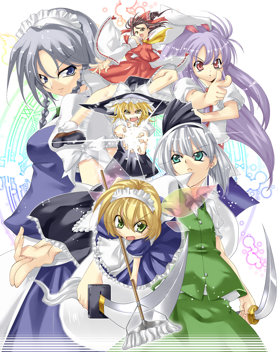 uemukai dai, hakurei reimu, izayoi sakuya, kirisame marisa, konpaku youmu, reisen udongein inaba, touhou, bad id, bad pixiv id, 5girls, animal ears, blonde hair, fairy, female focus, multiple girls, rabbit ears, uemuki dai