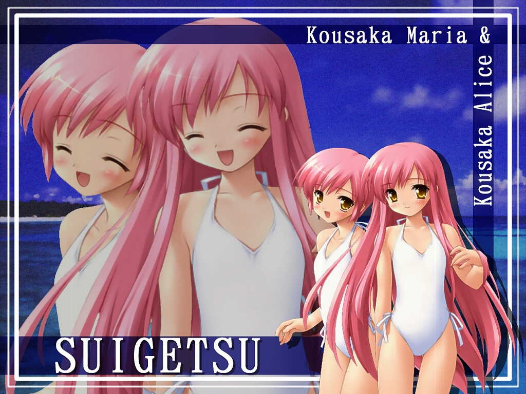 gayarou, kousaka alice, kousaka maria, suigetsu, non-web source, 2girls, beach, blush, closed eyes, flat chest, happy, long hair, multiple girls, one-piece swimsuit, pink hair, short hair, siblings, sisters, smile, swimsuit, twins, very long hair, water, white one-piece swimsuit, yellow eyes, zoom layer