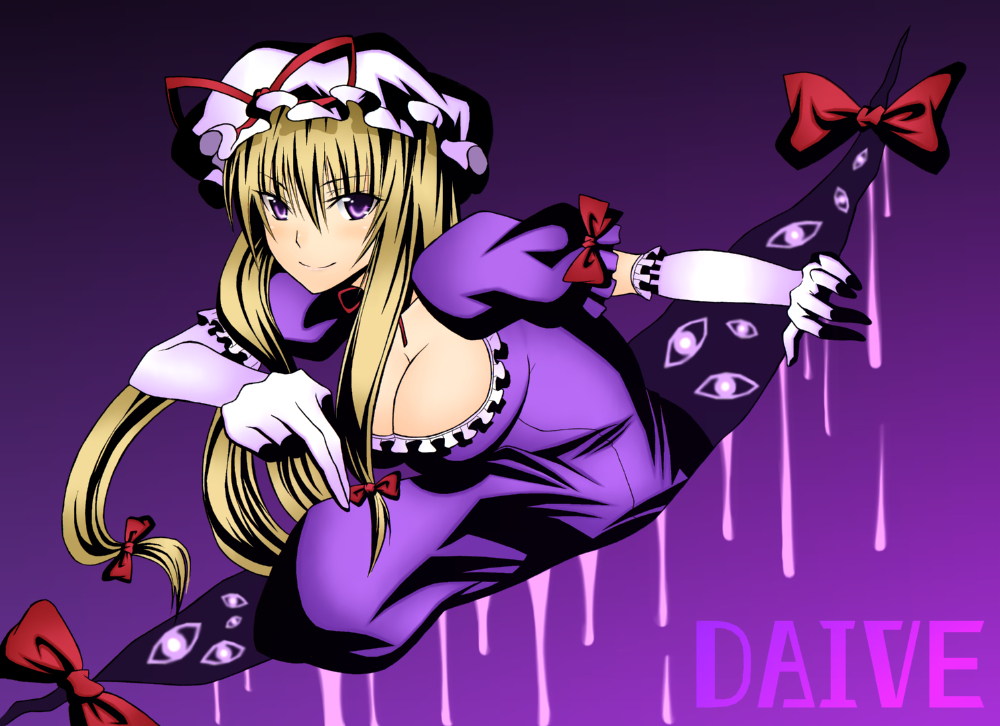 daive, yakumo yukari, touhou, bad id, bad pixiv id, 1girl, blonde hair, breasts, dress, elbow gloves, female focus, gap (touhou), gloves, gradient background, hat, long hair, ribbon, solo