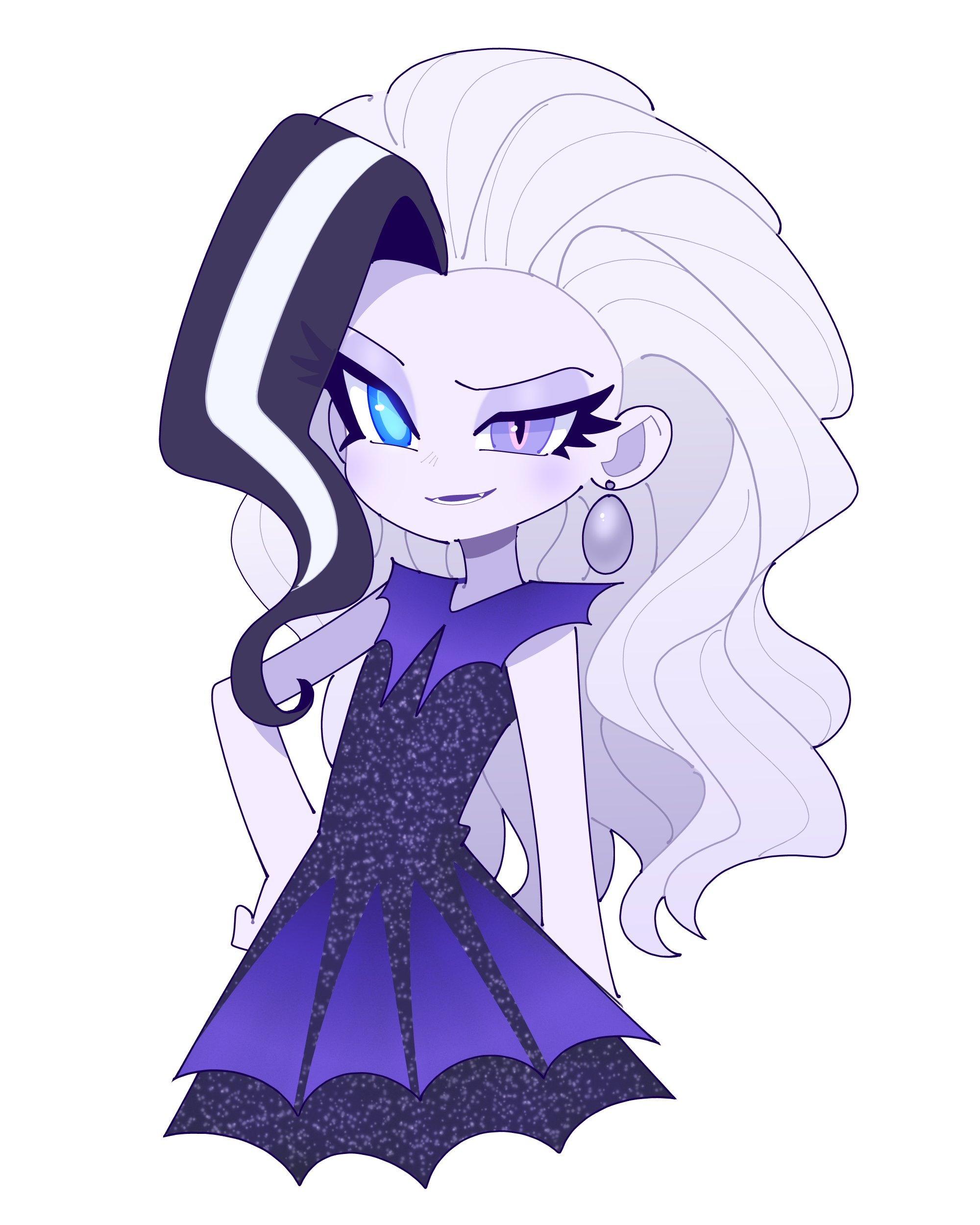 rainbow bubblegem, absurdres, commentary request, highres, korean commentary, 1girl, black dia (rainbow bubblegem), black hair, blue eyes, cropped torso, dress, earrings, heterochromia, jewelry, long hair, parted lips, purple dress, purple eyes, sharkanddino, simple background, slit pupils, smile, solo, upper body, white background, white hair