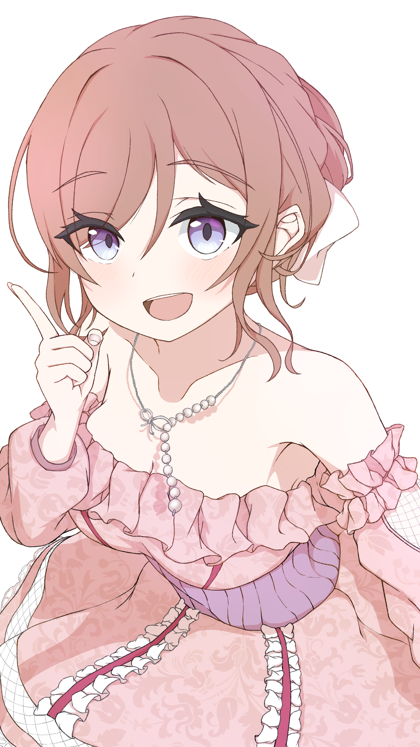 himesaki rinami, gakuen idolmaster, idolmaster, absurdres, commentary request, highres, 1girl, blue eyes, blush, breasts, brown hair, cleavage, collarbone, dress, fingernails, floral print, frilled dress, frills, index finger raised, jewelry, looking at viewer, medium breasts, necklace, off-shoulder dress, off shoulder, official alternate costume, pink dress, simple background, smallart, smile, solo, white background