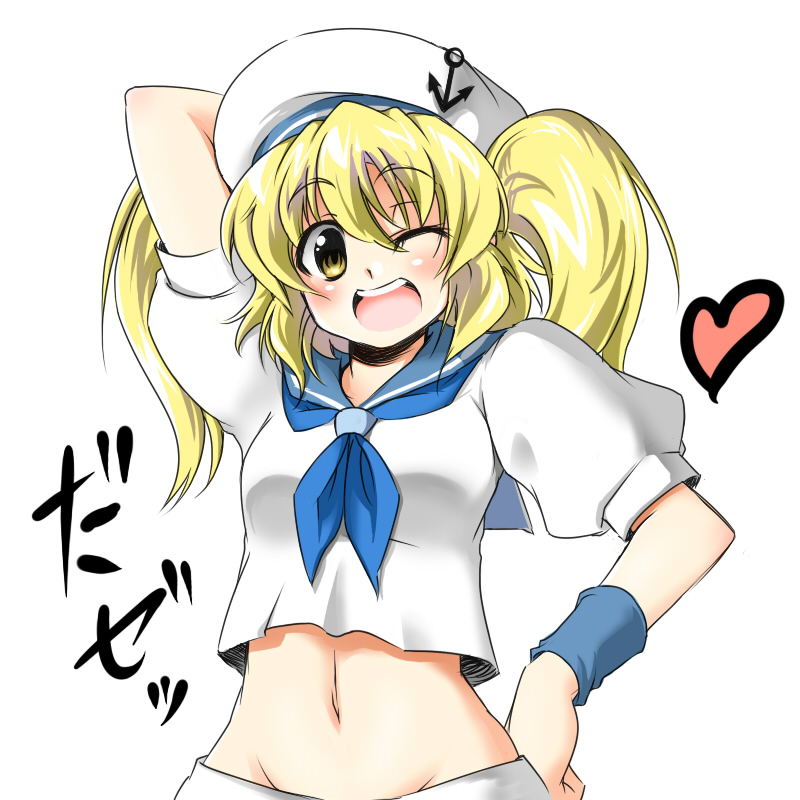 tajima yuuki, kitashirakawa chiyuri, phantasmagoria of dim.dream, touhou, touhou (pc-98), 1girl, blonde hair, blue sailor collar, female focus, hat, heart, midriff, navel, one eye closed, sailor collar, short hair, solo, wink, yellow eyes