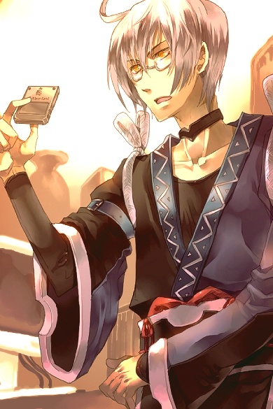 sunakumo, morichika rinnosuke, curiosities of lotus asia, touhou, silver hair, 1boy, glasses, male focus, memory card, short hair, solo