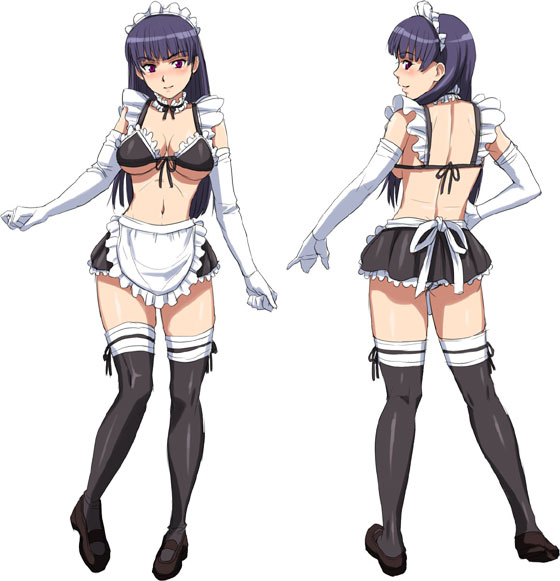 nigou, 1girl, bikini, black thighhighs, blush, bra, elbow gloves, full body, gloves, hand on own hip, lingerie, long hair, maid, maid bikini, midriff, multiple views, purple hair, red eyes, standing, swimsuit, thighhighs, unconventional maid, underwear