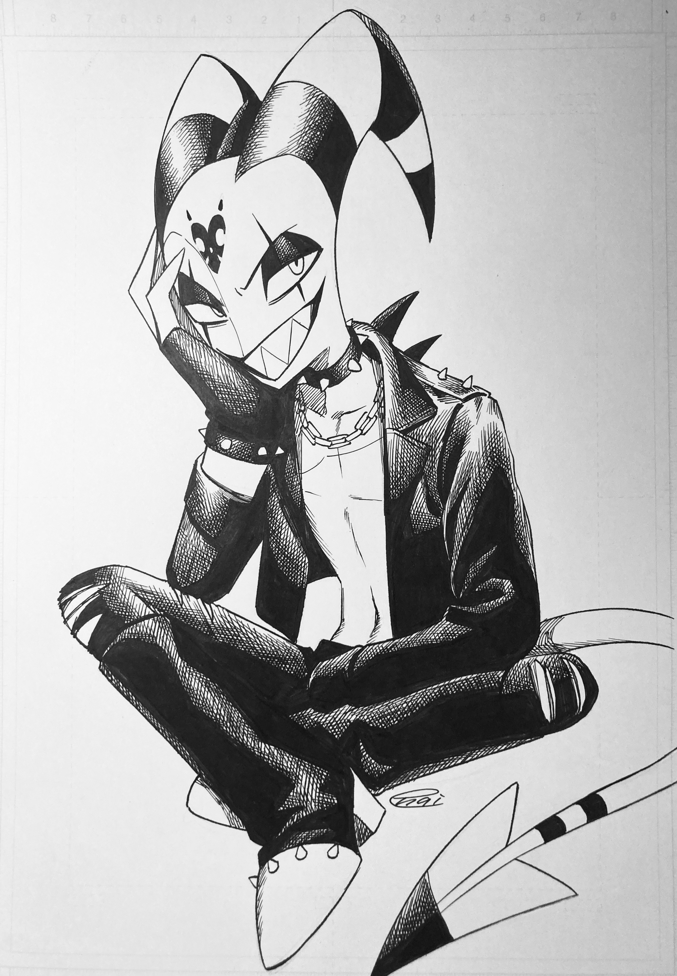 menma (enaic31), blitzo (helluva boss), hellaverse, helluva boss, absurdres, ballpoint pen (medium), commentary request, highres, pen (medium), traditional media, 1boy, :d, boots, bracelet, chain, chain necklace, choker, collarbone, crosshatching, demon boy, demon horns, demon tail, eyeshadow, facial mark, fingerless gloves, forehead mark, full body, gloves, grey background, greyscale, grin, hand on own cheek, hand on own face, hand up, hatching (texture), high contrast, high heel boots, high heels, horns, indian style, jacket, jewelry, knee boots, knees apart feet together, lapels, long sleeves, looking at viewer, makeup, male focus, monochrome, multicolored horns, navel, necklace, no shirt, notched lapels, open clothes, open jacket, open mouth, pants, scar across eyes, sharp teeth, signature, simple background, sitting, smile, solo, spiked bracelet, spiked choker, spikes, striped horns, tail, teeth, two-tone horns