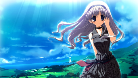kagura hinata, h2o footprints in the sand, lowres, non-web source, 00s, 1girl, blonde hair, choker, dress, female focus, hairband, landscape, long hair, outdoors, scenery, sky, solo