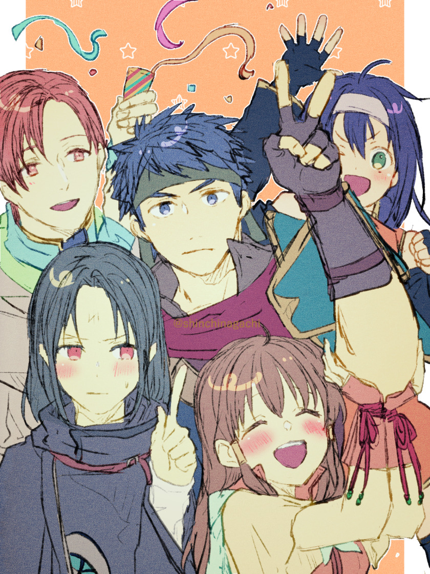 nishimura (shinchinagachi), ike (fire emblem), mia (fire emblem), mist (fire emblem), rhys (fire emblem), soren (fire emblem), fire emblem, fire emblem: radiant dawn, nintendo, commentary, english commentary, 2girls, 3boys, black hair, blue eyes, blue hair, blush, brown hair, closed eyes, facial mark, forehead mark, green eyes, headband, long hair, multiple boys, multiple girls, open mouth, purple hair, red eyes, short hair, twitter username, v