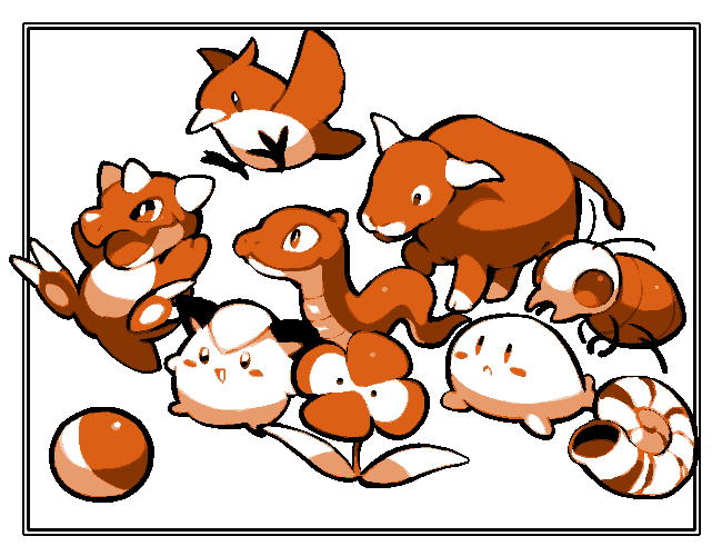 kawaanago, nintendo, pokemon, pokemon rgby, commentary request, bird, bird sprite (pokemon), blush, blush stickers, border, bug sprite (pokemon), bull sprite (pokemon), clefairy sprite (pokemon), closed mouth, fish sprite (pokemon), flower sprite (pokemon), fossil sprite (pokemon), monochrome, nostrils, open mouth, poke ball, pokemon (creature), pokemon focus, red theme, reptile sprite (pokemon), simple background, smile, snake, snake sprite (pokemon), white background