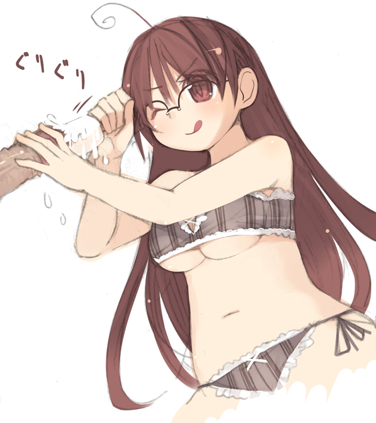 kashiwamochi yomogi, arima senne, original, 1girl, :q, ;q, bra, breasts, brown eyes, brown hair, food, glasses, lingerie, long hair, medium breasts, one eye closed, panties, penis, popsicle, side-tie panties, solo focus, tongue, tongue out, uncensored, underboob, underwear, underwear only, wink
