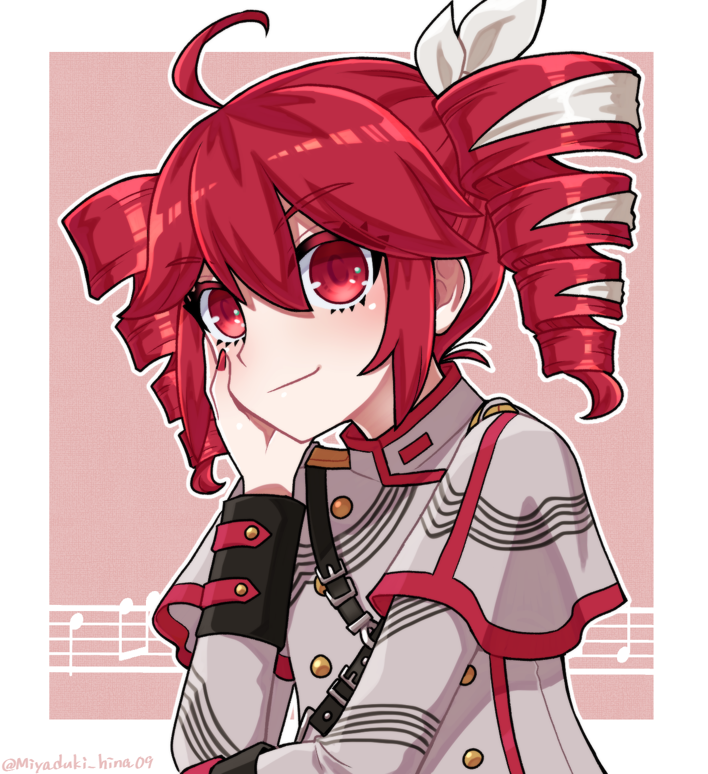 kasane teto, kasane teto (sv), synthesizer v, utau, highres, 1girl, ahoge, closed mouth, drill hair, eyelashes, hair between eyes, hair ribbon, long sleeves, looking at viewer, miyaduki hina09, musical note, musical staff, outline, red eyes, red hair, ribbon, smile, solo, twin drills, twitter username, upper body, white outline, white ribbon