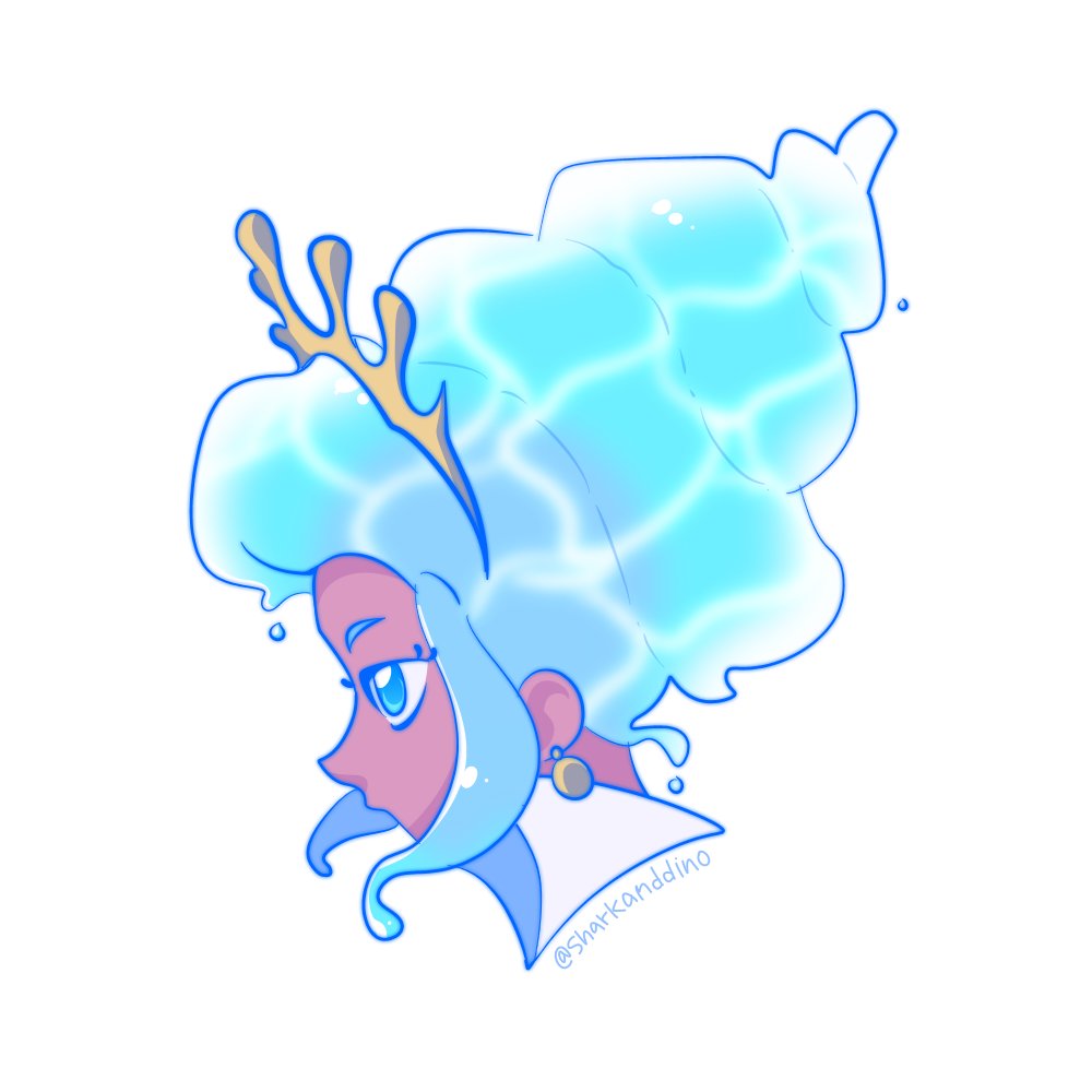 rainbow bubblegem, hashtag-only commentary, 1girl, blue eyes, blue hair, caustics, dark skin, earrings, from side, jewelry, long hair, portrait, sharkanddino, simple background, solo, tiara, twitter username, white background, whitegold (rainbow bubblegem)