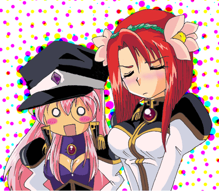 forte stollen, milfeulle sakuraba, galaxy angel, lowres, non-web source, 2girls, blush, cosplay, costume switch, embarrassed, flower, forte stollen (cosplay), hat, long hair, milfeulle sakuraba (cosplay), monocle, multiple girls, pink hair, red hair, short hair