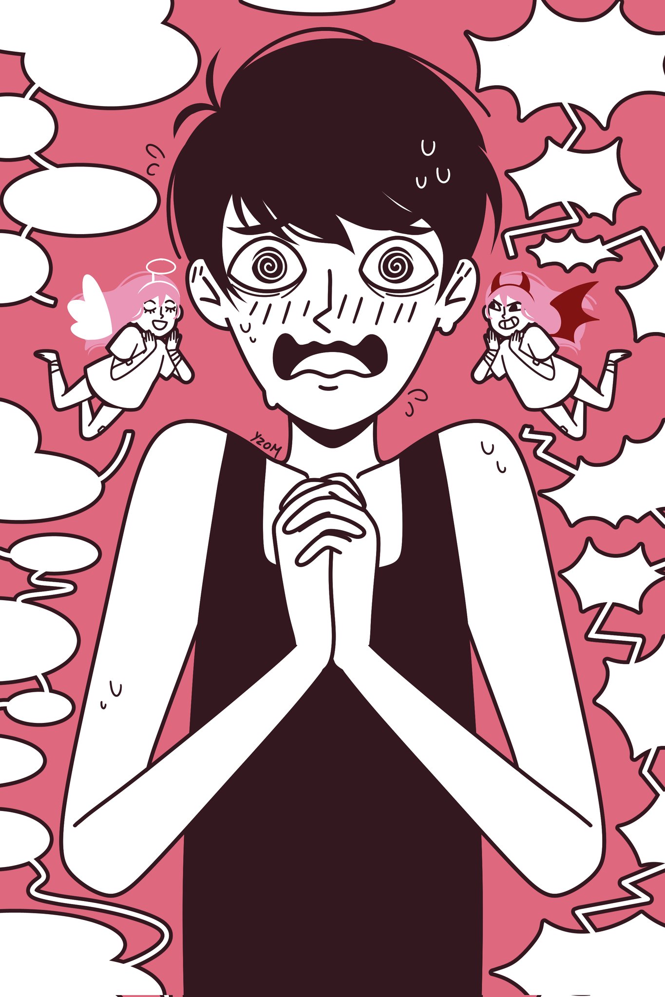 aubrey (faraway) (omori), aubrey (omori), omori, commentary, english commentary, highres, 1boy, 1girl, @ @, angel and devil, black eyes, black hair, couple, long hair, omoriboy, own hands clasped, own hands together, pink hair, short hair, simple background, socks, yzomiris