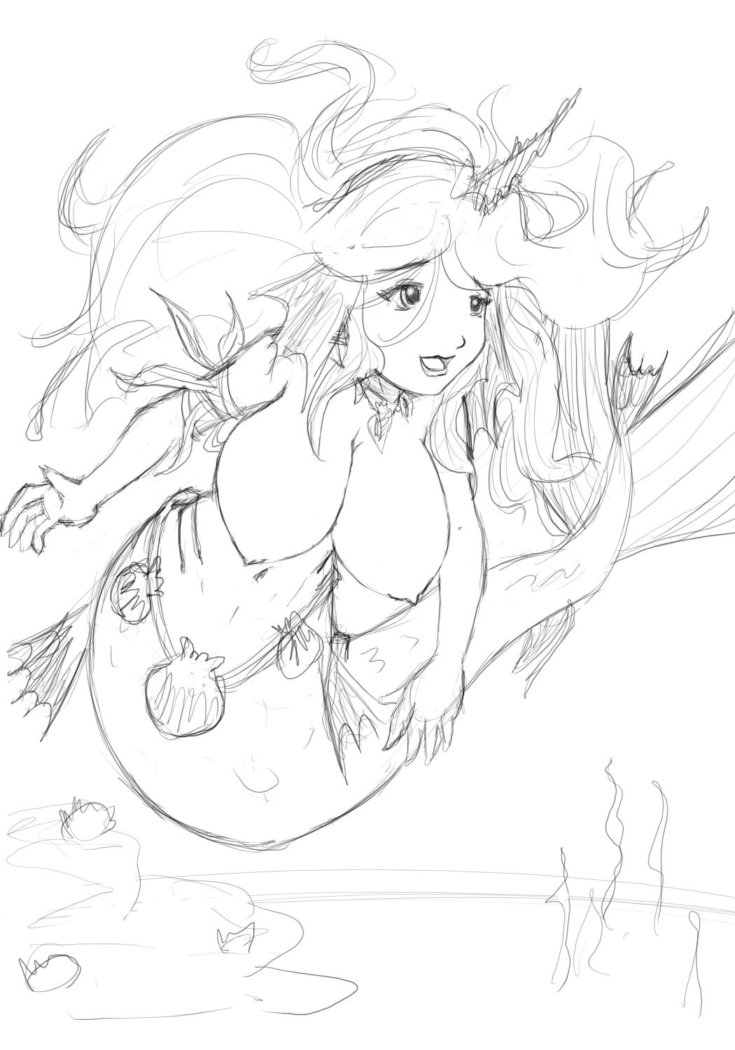 kokido, topless, highres, breasts, horns, huge breasts, long hair, mermaid, monochrome, monster girl, nipples, seashell, shell, shells, sketch, swimming