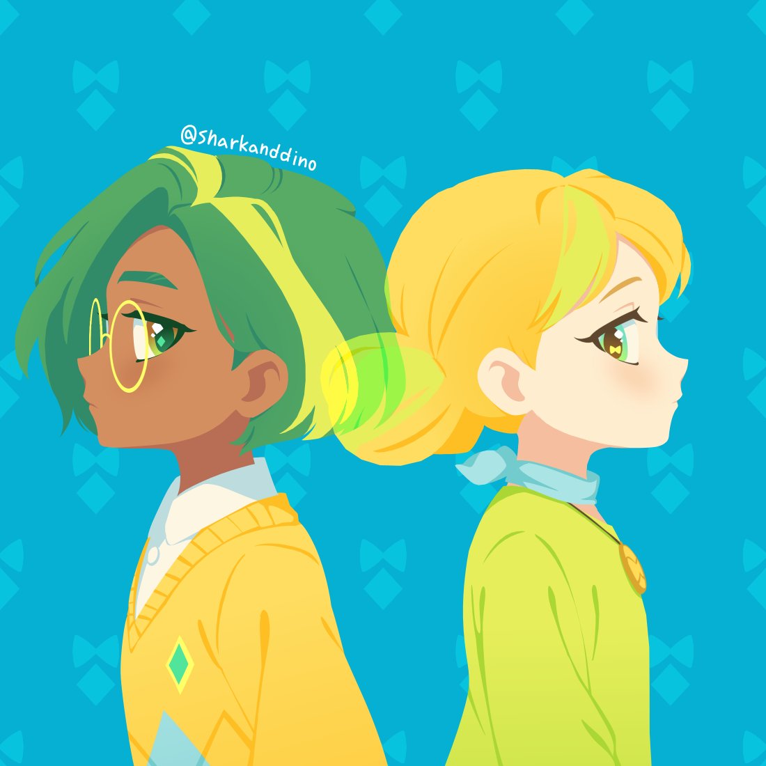 green leaf (rainbow bubblegem), yellow gold (rainbow bubblegem), rainbow bubblegem, hashtag-only commentary, 2girls, back-to-back, blonde hair, blue background, blue eyes, bow in eye, closed mouth, diamond in eye, double bun, glasses, green hair, hair bun, looking at another, multiple girls, patterned background, round eyewear, sharkanddino, short hair, simple background, sweater, symbol in eye, twitter username, upper body, yellow-framed eyewear, yellow eyes, yellow sweater