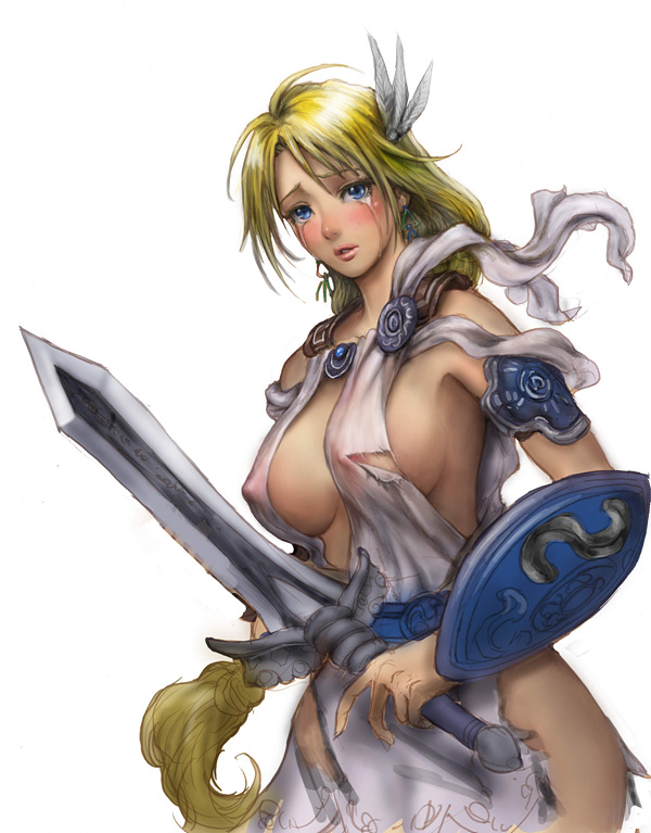 neongun, sophitia alexandra, namco, soul calibur, soulcalibur, soulcalibur iv, 1girl, armor, armored dress, blonde hair, blonde twist, blue eyes, blush, braid, breasts, cleavage, dress, elk shield, female focus, goddess bracelet, goddess headdress, goddess robe, large breasts, long hair, nipple slip, nipples, omega sword, revealing clothes, see-through clothes, shield, solo, sword, tears, torn clothes, weapon, white background