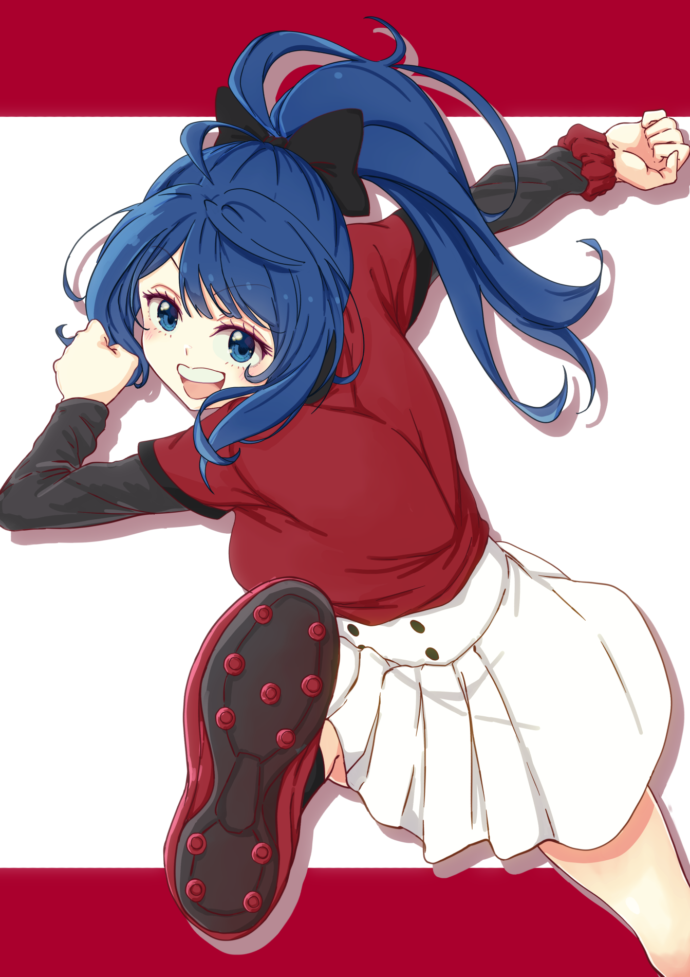 yanami anna, make heroine ga oo sugiru!, highres, 1girl, ball, blue eyes, blue hair, breasts, large breasts, legs, looking at viewer, medium hair, open mouth, shirt, sideboob, skirt, smile, soccer ball, soccer uniform, solo, sportswear, teeth, thighs, tongue