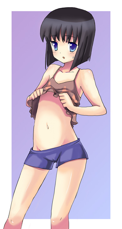 teu (navy), machi youko, bokurano, bad id, bad pixiv id, 1girl, black hair, blue eyes, blush, cameltoe, clothes lift, female focus, flat chest, shirt lift, short hair, shorts, solo