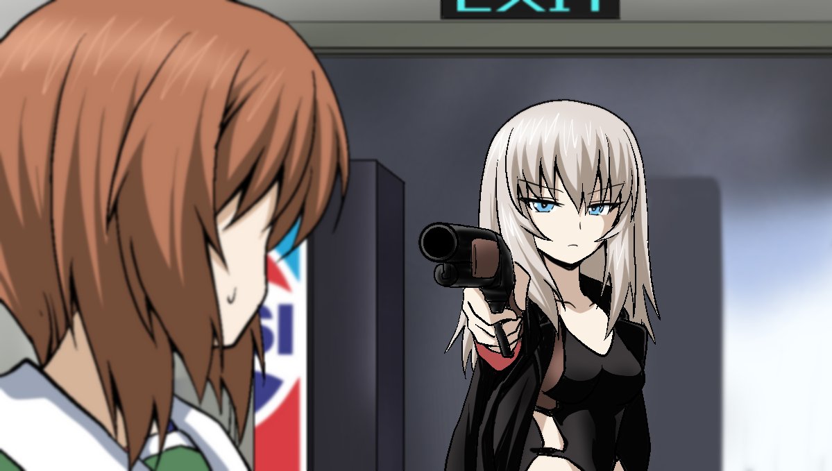 kamishima kanon, itsumi erika, m1887 (girls' frontline), nabatame hitomi, nishizumi miho, girls' frontline, girls und panzer, pepsi, terminator (series), terminator 2: judgment day, 2girls, black shirt, blue eyes, breasts, brown hair, door, gun, holding, holding gun, holding weapon, long hair, multiple girls, ooarai school uniform, school uniform, shirt, shotgun, standing, sweatdrop, voice actor connection, weapon