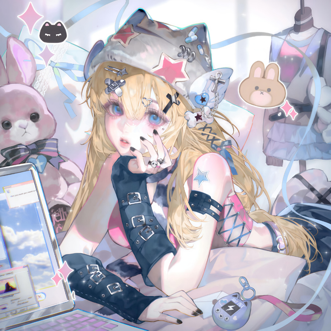 tai01, original, large variant set, variant set, 1girl, bare shoulders, black nails, blonde hair, blue eyes, bow, breasts, hair between eyes, hair ornament, hairclip, hat, jewelry, jirai kei, long hair, looking at viewer, lying, nail polish, on stomach, parted lips, phone, ring, shirt, skirt, solo, star (symbol), stuffed animal, stuffed rabbit, stuffed toy, tattoo, x hair ornament