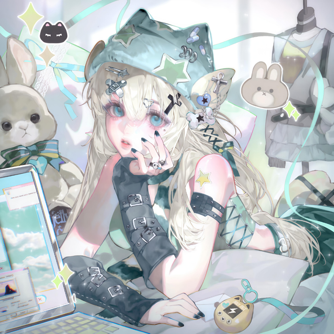 tai01, original, large variant set, variant set, 1girl, animal ears, bare shoulders, black nails, blonde hair, blue eyes, fingerless gloves, gloves, hair between eyes, hair ornament, hairclip, hat, jewelry, jirai kei, long hair, looking at viewer, lying, nail polish, on stomach, parted lips, ring, shirt, solo, star (symbol), stuffed animal, stuffed toy, x hair ornament