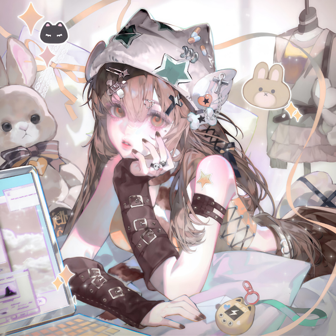 tai01, original, large variant set, variant set, 1girl, bare shoulders, belt, black nails, breasts, brown eyes, brown hair, computer, fingerless gloves, gloves, hair between eyes, hair ornament, hairclip, hat, jewelry, jirai kei, laptop, long hair, looking at viewer, lying, nail polish, on stomach, parted lips, ribbon, ring, shirt, skirt, sleeveless, solo, star (symbol), stuffed animal, stuffed toy