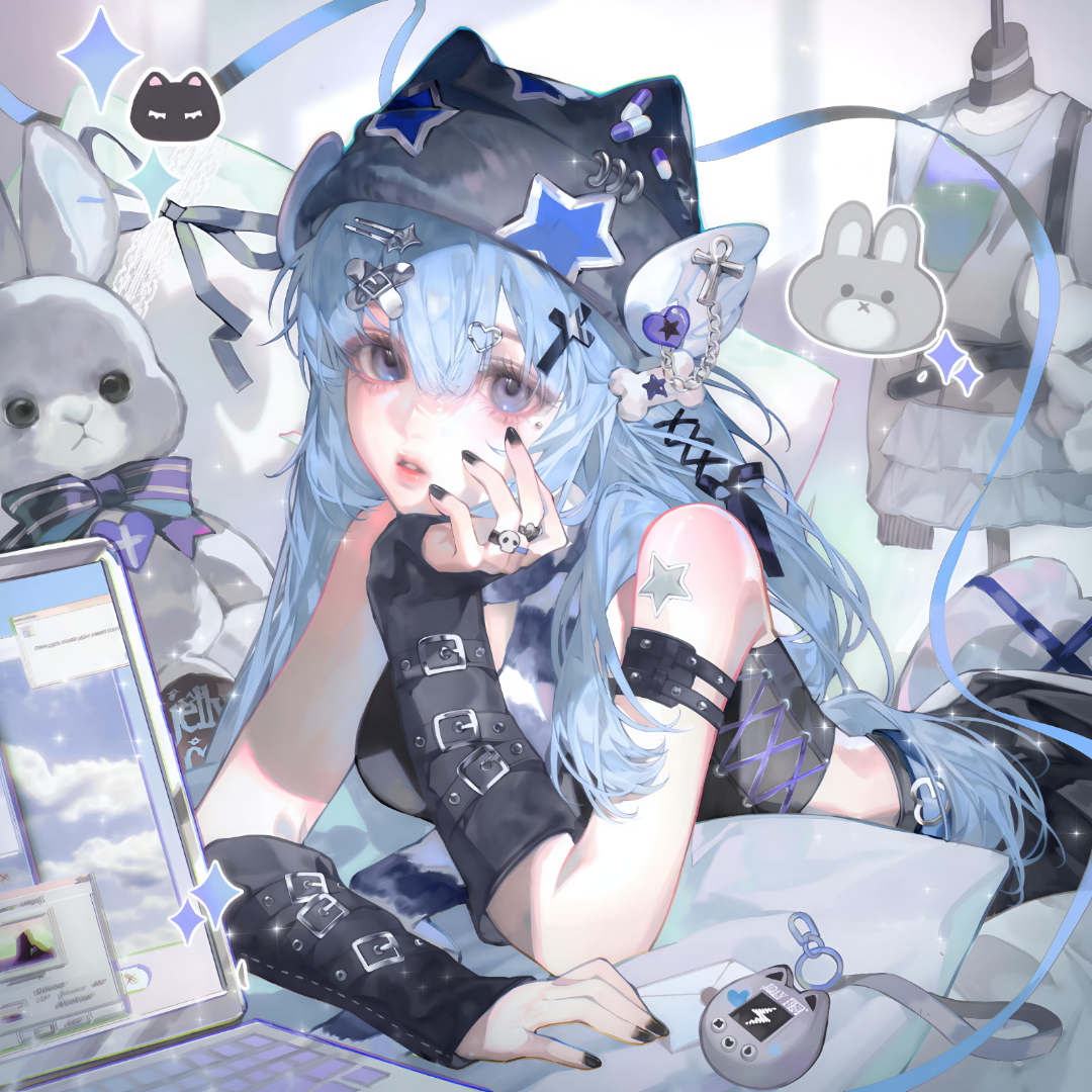 tai01, original, large variant set, variant set, 1girl, bare shoulders, black nails, blue eyes, blue hair, hair between eyes, hair ornament, hairclip, hat, jewelry, jirai kei, long hair, looking at viewer, lying, nail polish, on stomach, parted lips, ribbon, ring, skirt, solo, star (symbol), stuffed animal, stuffed toy, tattoo