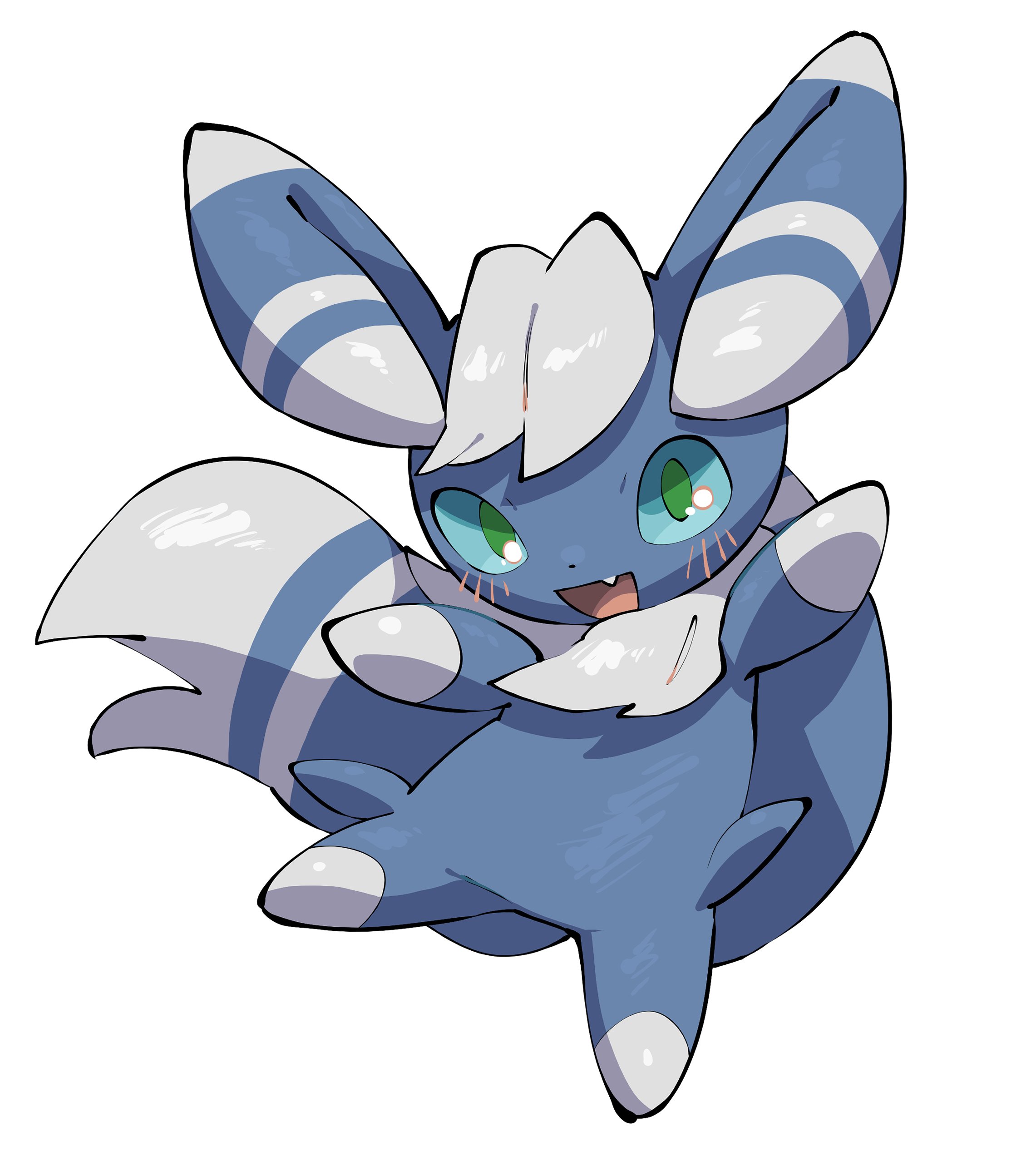 nullma, meowstic, meowstic (male), nintendo, pokemon, absurdres, highres, blue fur, blush, colored sclera, fang, full body, gen 6 pokemon, green eyes, green sclera, looking at viewer, no humans, open mouth, pokemon (creature), pokemon focus, simple background, smile, solo, white background