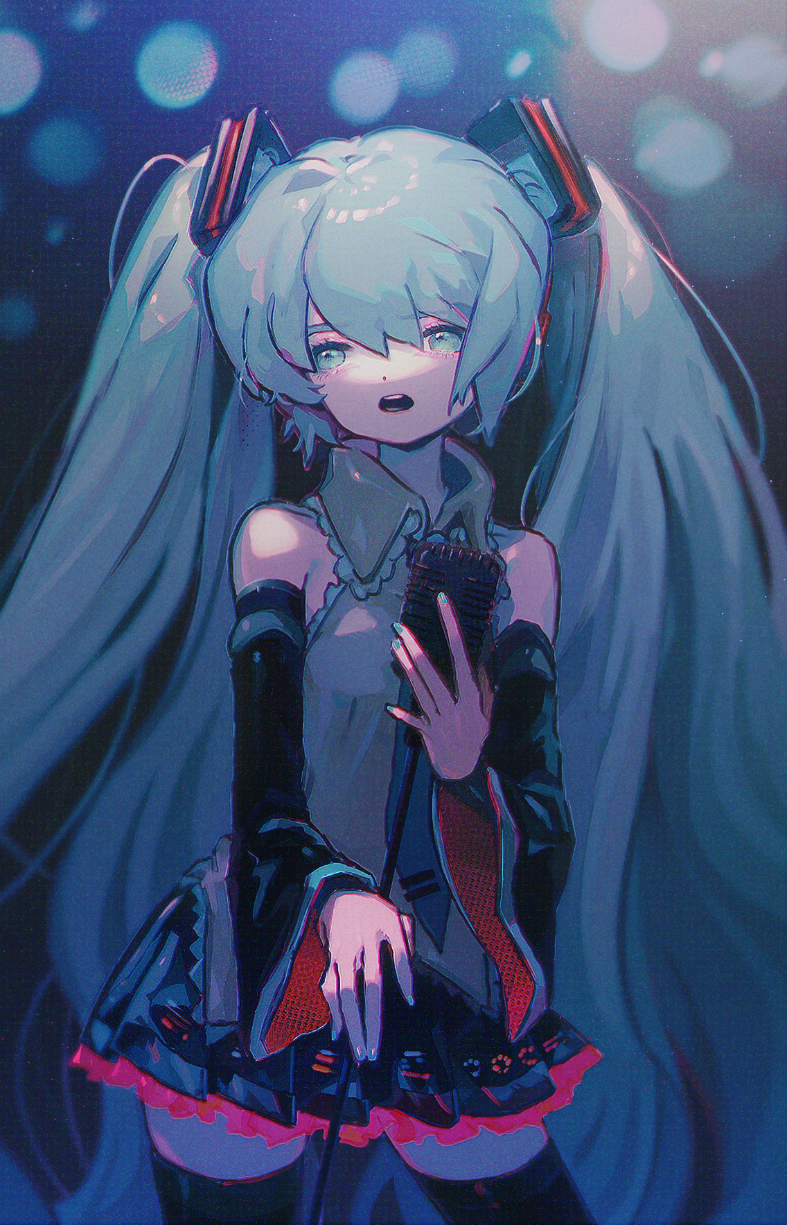mawarusanso, hatsune miku, vocaloid, commentary request, highres, 1girl, detached sleeves, hair between eyes, holding, holding microphone stand, light particles, long hair, microphone stand, necktie, open mouth, pleated skirt, shirt, skirt, sleeveless, sleeveless shirt, solo, thighhighs, twintails, very long hair