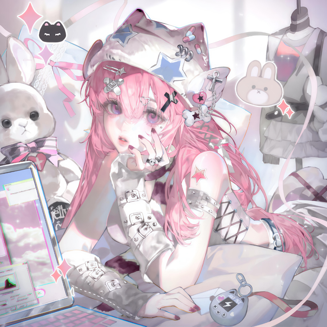tai01, original, large variant set, variant set, 1girl, bow, cellphone, hair between eyes, hair ornament, hairclip, hat, jewelry, jirai kei, long hair, looking at viewer, lying, nail polish, on stomach, parted lips, phone, pillow, pink eyes, pink hair, pink nails, purple eyes, ribbon, ring, skirt, solo, star (symbol), stuffed animal, stuffed toy, tattoo, x hair ornament