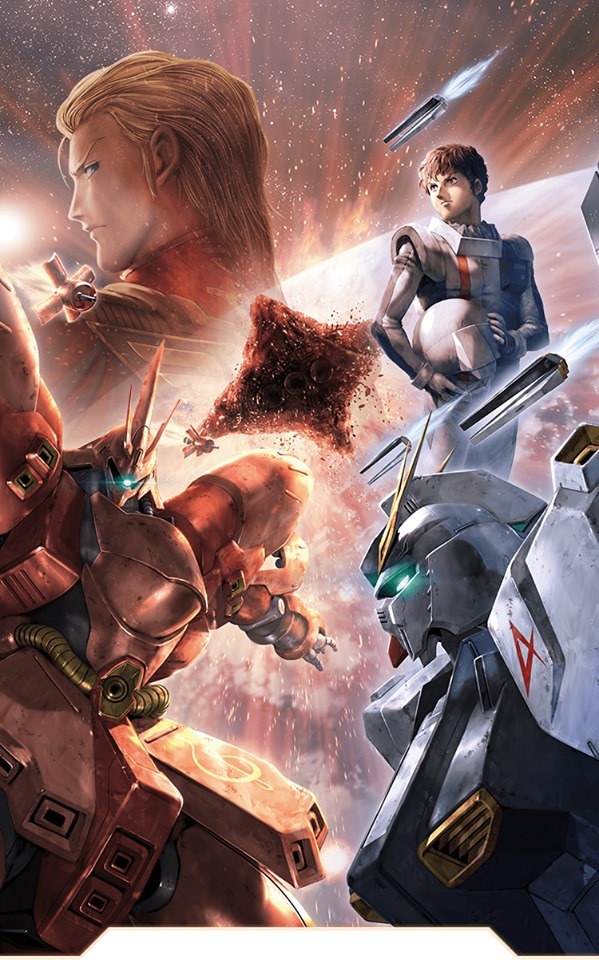 amuro ray, axis (gundam), char aznable, nu gundam, sazabi, char's counterattack, gundam, artist request, official art, painting (medium), traditional media, 2boys, asteroid, battle, debris, duel, earth (planet), earth federation space forces, energy, energy field, fin funnels, glowing, glowing eye, glowing eyes, gundam perfect file, in orbit, machinery, mecha, mecha pilot suit, military uniform, mobile suit, multiple boys, neo zeon, one-eyed, planet, realistic, robot, scene reference, science fiction, space, thrusters, v-fin