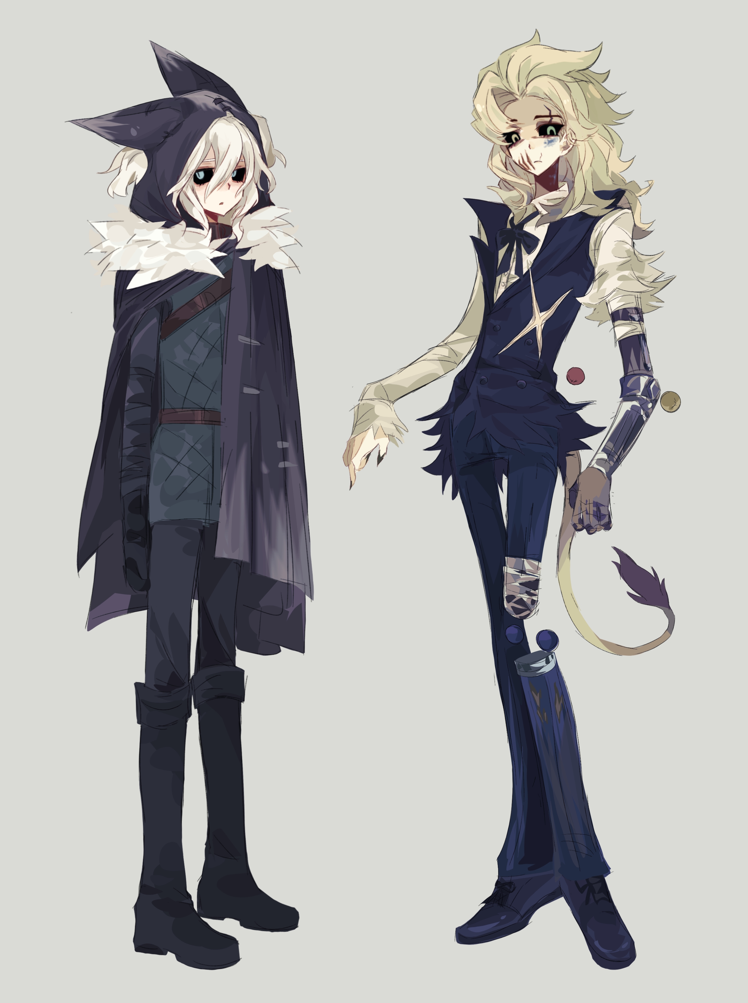 ithaqua (identity v), identity v, absurdres, highres, 2boys, :c, :o, animal ear hood, black boots, black pants, black sclera, blonde hair, blue eyes, boots, bow, cape, claws, colored sclera, detached leg, dress shoes, fake animal ears, fur-trimmed cape, fur trim, green eyes, heterochromia, hood, hood up, lion tail, long hair, looking at viewer, male focus, marcus thorne, mechanical arms, medium hair, multiple boys, pants, prosthesis, prosthetic arm, scar, scar on chest, scar on face, shirt, short twintails, single mechanical arm, standing, tail, torn clothes, torn sleeves, twintails, white hair, white shirt, xiaozzerxv1234567, yellow eyes