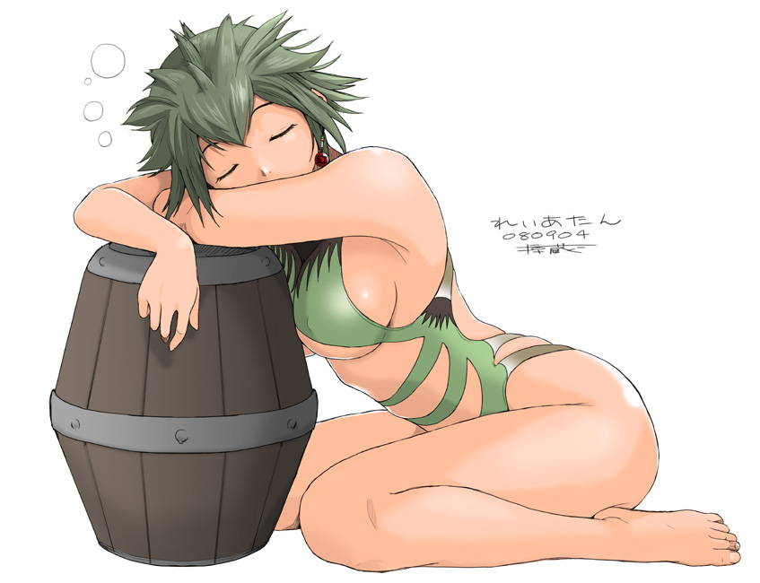 ryoh zoh, ryouzou, rathian, capcom, monster hunter (series), translation request, 1girl, barefoot, barrel, breasts, casual one-piece swimsuit, closed eyes, feet, female focus, green hair, large breasts, one-piece swimsuit, personification, short hair, sideboob, simple background, sitting, sleeping, solo, swimsuit