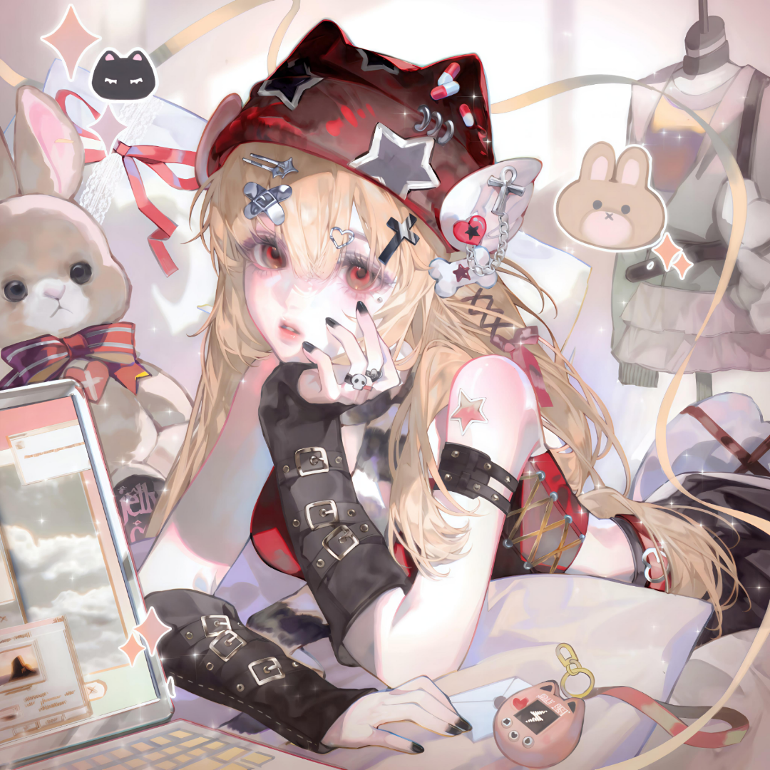 tai01, original, large variant set, variant set, 1girl, belt, black nails, blonde hair, breasts, fingerless gloves, gloves, hair between eyes, hair ornament, hairclip, hat, jewelry, jirai kei, long hair, looking at viewer, lying, nail polish, on stomach, parted lips, red eyes, ring, solo, star (symbol), stuffed animal, stuffed toy, tattoo, x hair ornament