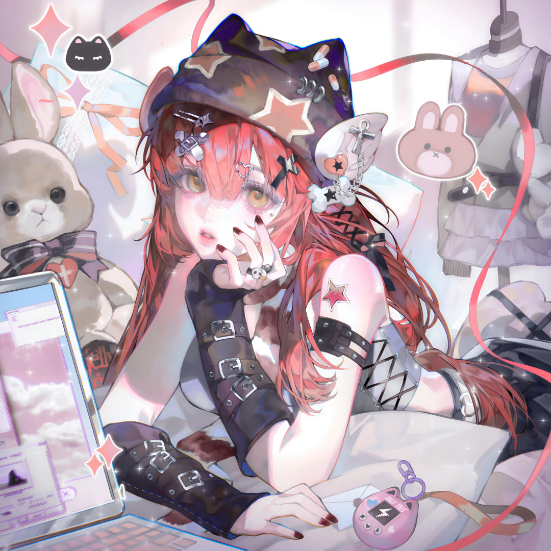 tai01, original, large variant set, variant set, 1girl, bare shoulders, belt, black skirt, bow, breasts, computer, fingerless gloves, gloves, hair between eyes, hair ornament, hairclip, hat, jewelry, jirai kei, long hair, looking at viewer, lying, nail polish, on stomach, parted lips, red hair, red nails, ribbon, ring, shirt, skirt, sleeveless, solo, star (symbol), stuffed animal, stuffed rabbit, stuffed toy, tattoo, teddy bear, x hair ornament, yellow eyes