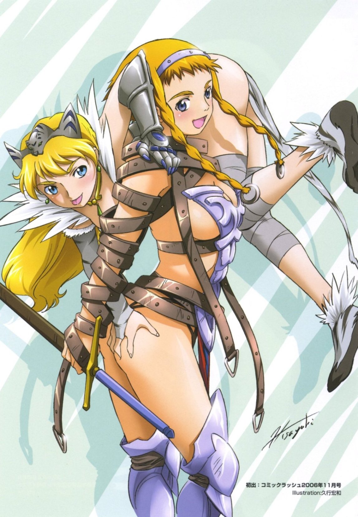 hisayuki hirokazu, captain of the royal guard elina, elina (queen's blade), exiled warrior leina, leina (queen's blade), queen's blade, ass grab, highres, official art, scan, 00s, 2girls, :p, armor, ass, blonde hair, blue eyes, blush, braid, breasts, carrying, carrying over shoulder, earrings, gloves, hair ornament, holding, holding sword, holding weapon, jewelry, long hair, multiple girls, open mouth, revealing clothes, siblings, sideboob, sisters, sword, thong, tongue, tongue out, twin braids, weapon, wide hips
