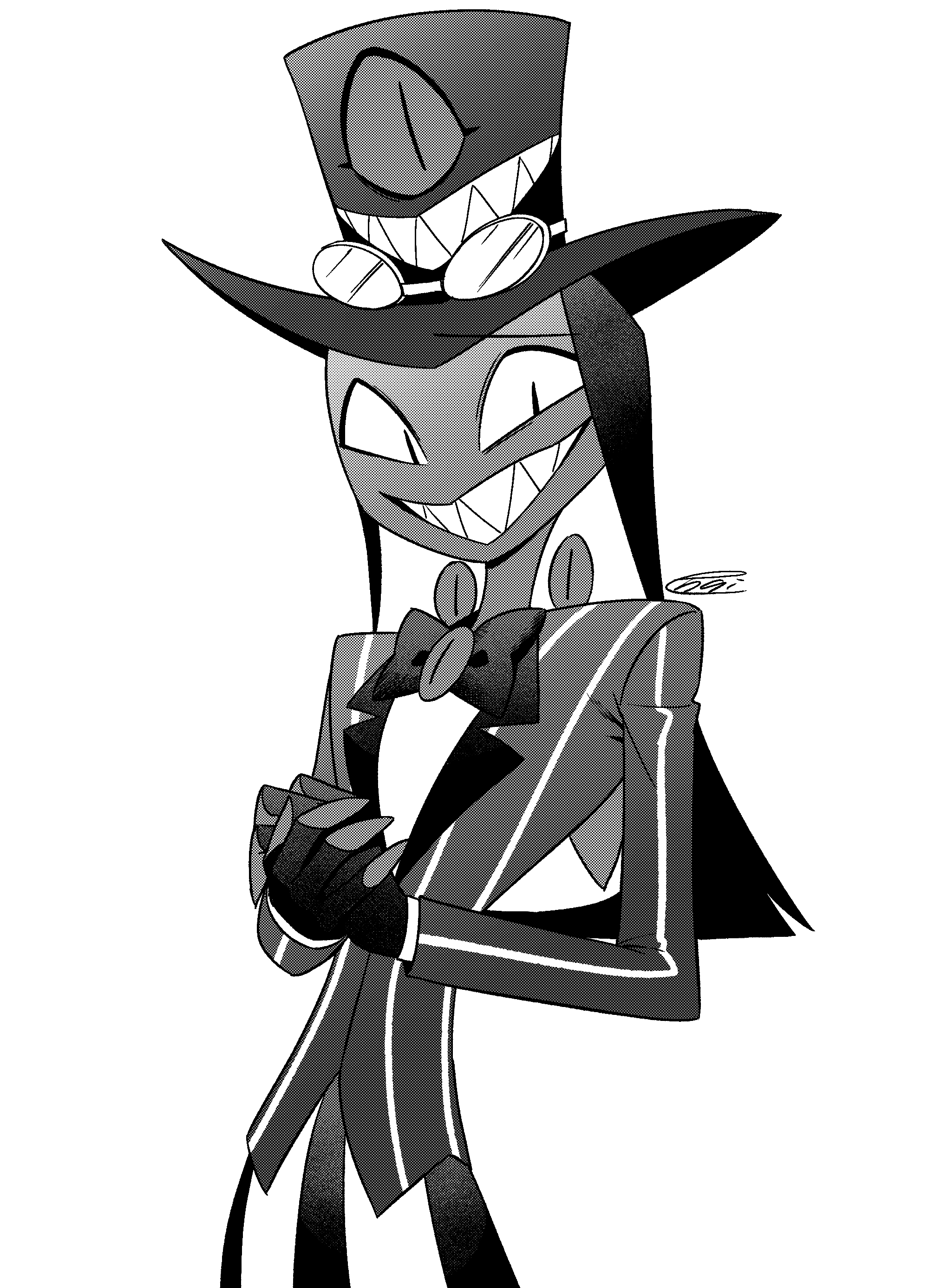 menma (enaic31), sir pentious, hazbin hotel, hellaverse, absurdres, commentary request, highres, 1boy, :d, bow, bowtie, extra eyes, eyewear on head, fewer digits, fingerless gloves, gloves, greyscale, grin, halftone, hat, high contrast, jacket, lapels, looking at viewer, male focus, monochrome, no nose, notched lapels, open mouth, own hands together, sharp teeth, shirt, signature, simple background, smile, snake boy, solo, striped clothes, striped jacket, sunglasses, teeth, top hat, traditional bowtie, vertical-striped clothes, vertical-striped jacket, white background