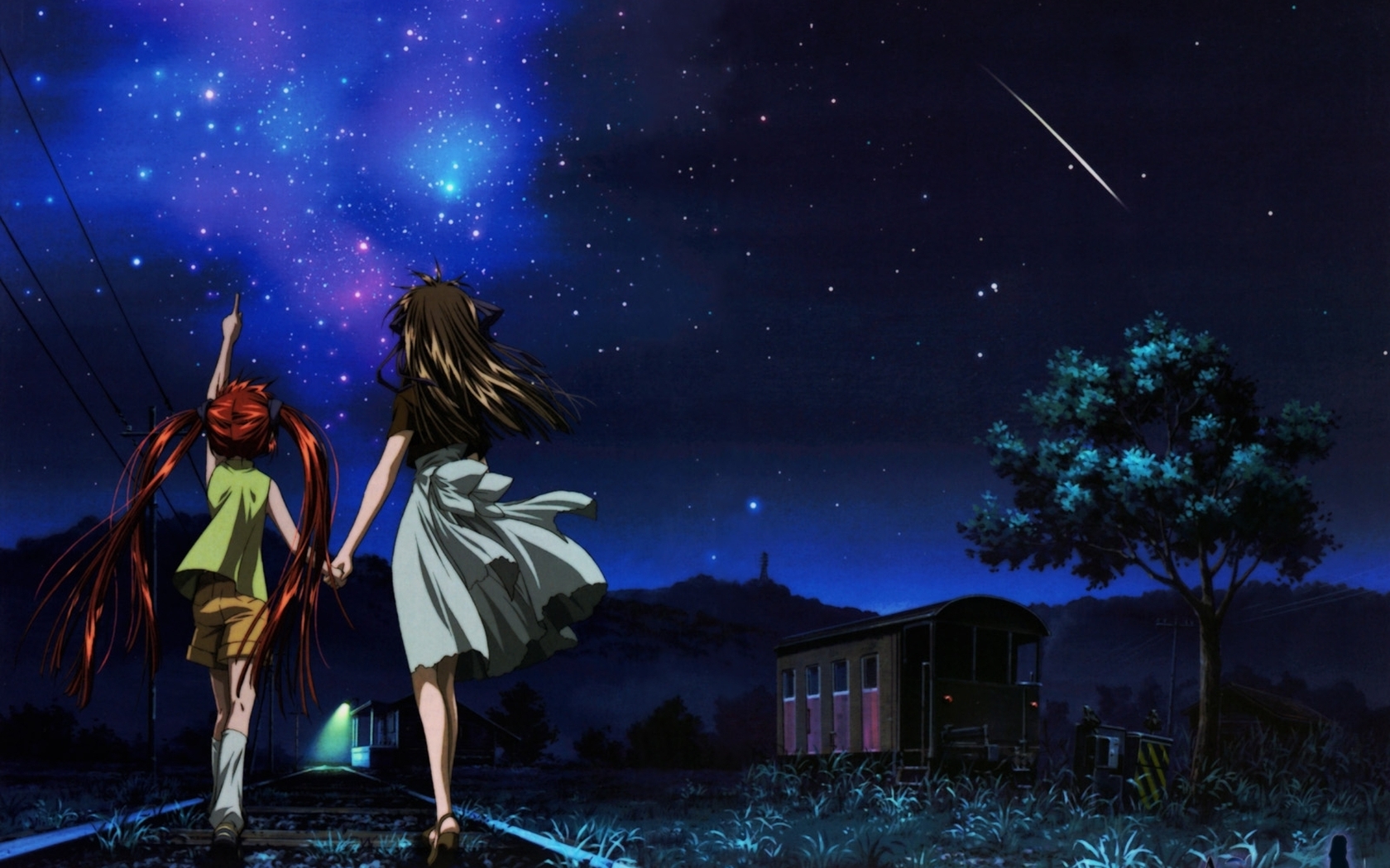 michiru (air), toono minagi, air (visual novel), highres, 00s, railroad tracks, red hair, shorts, twintails