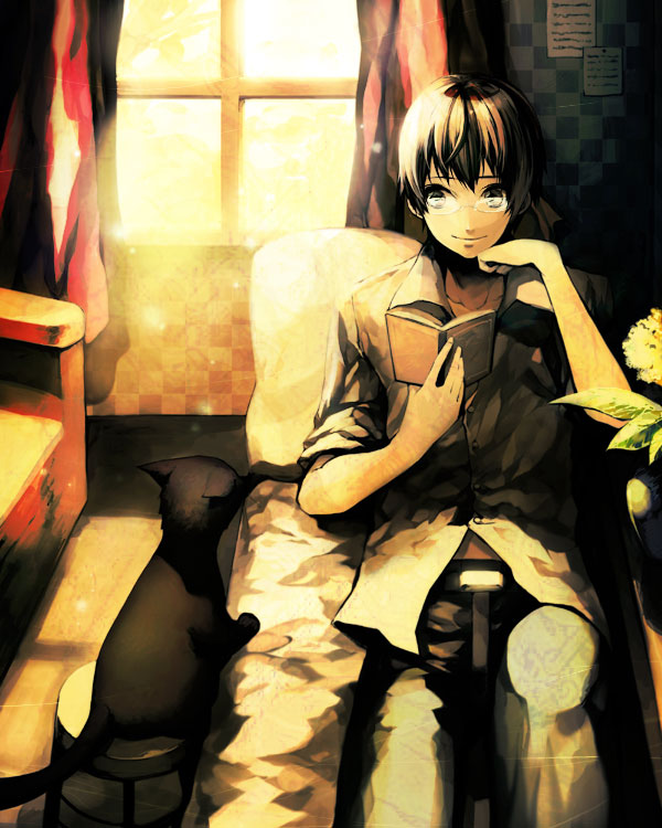 sciw, 1boy, brown eyes, brown hair, cat, glasses, indoors, male focus, solo