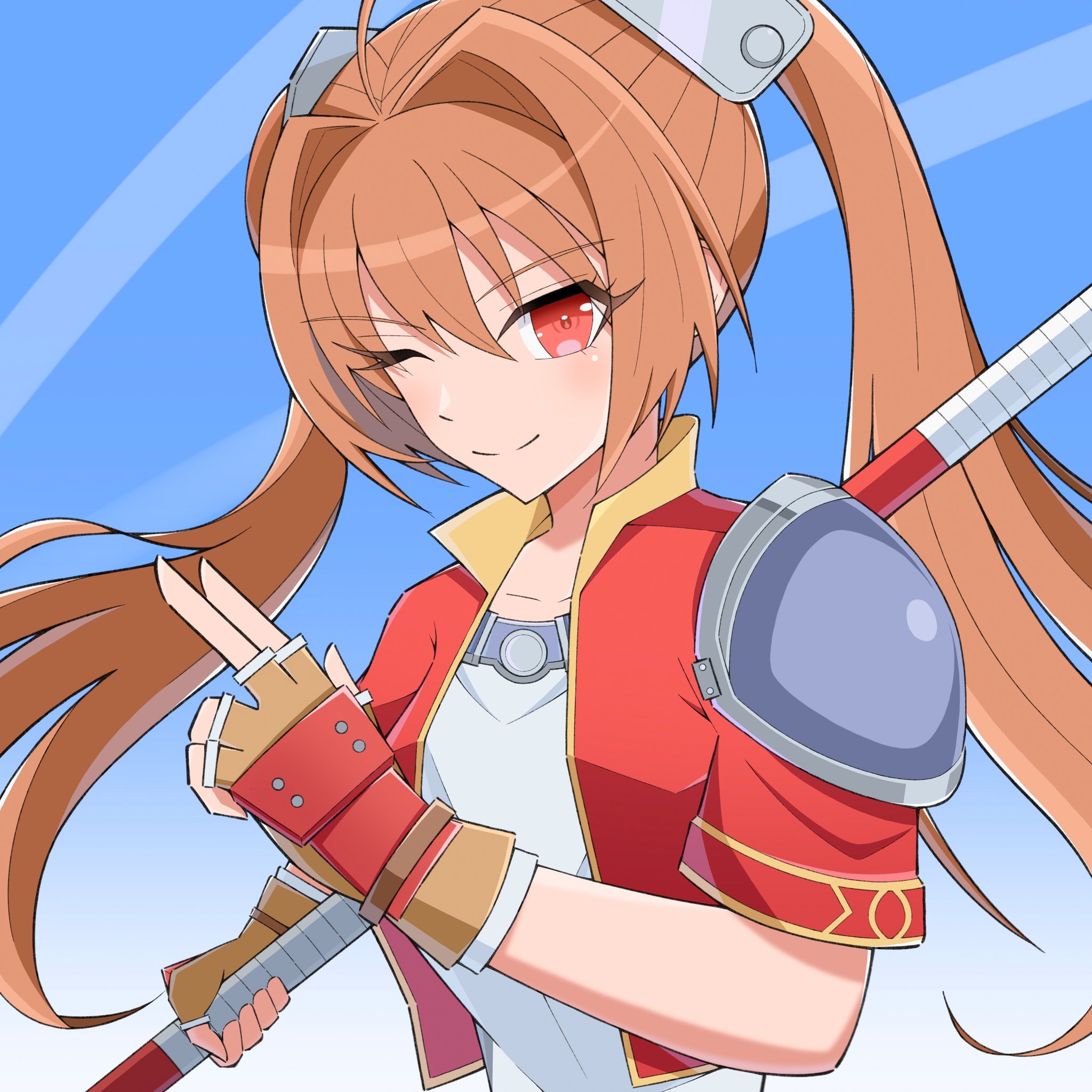 estelle bright, eiyuu densetsu, sora no kiseki, commentary, english commentary, highres, 1girl, ahoge, antenna hair, armor, bo staff, breasts, brown gloves, brown hair, closed mouth, cropped jacket, double-parted bangs, fingerless gloves, floating hair, gloves, gradient background, hair between eyes, hair intakes, holding, holding staff, holding weapon, kaishain ichigo, long hair, looking at viewer, one eye closed, pauldrons, shoulder armor, simple background, single pauldron, small breasts, smile, solo, staff, twintails, upper body, weapon