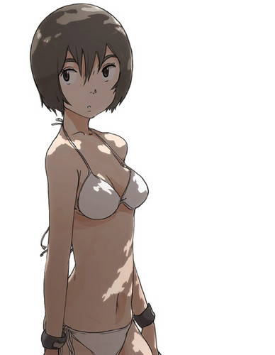 uki atsuya, original, lowres, bikini, brown hair, shade, short hair, solo, swimsuit, white bikini