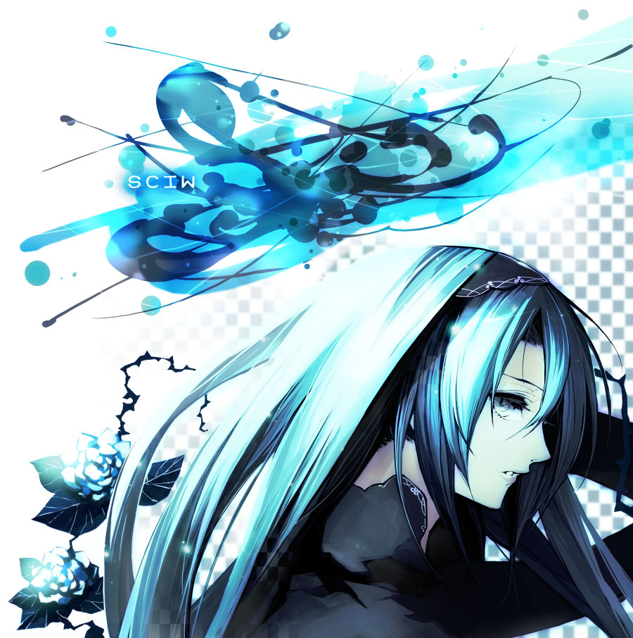 sciw, 1girl, blue eyes, blue hair, blue theme, female focus, flower, matching hair/eyes, monochrome, slit pupils, solo