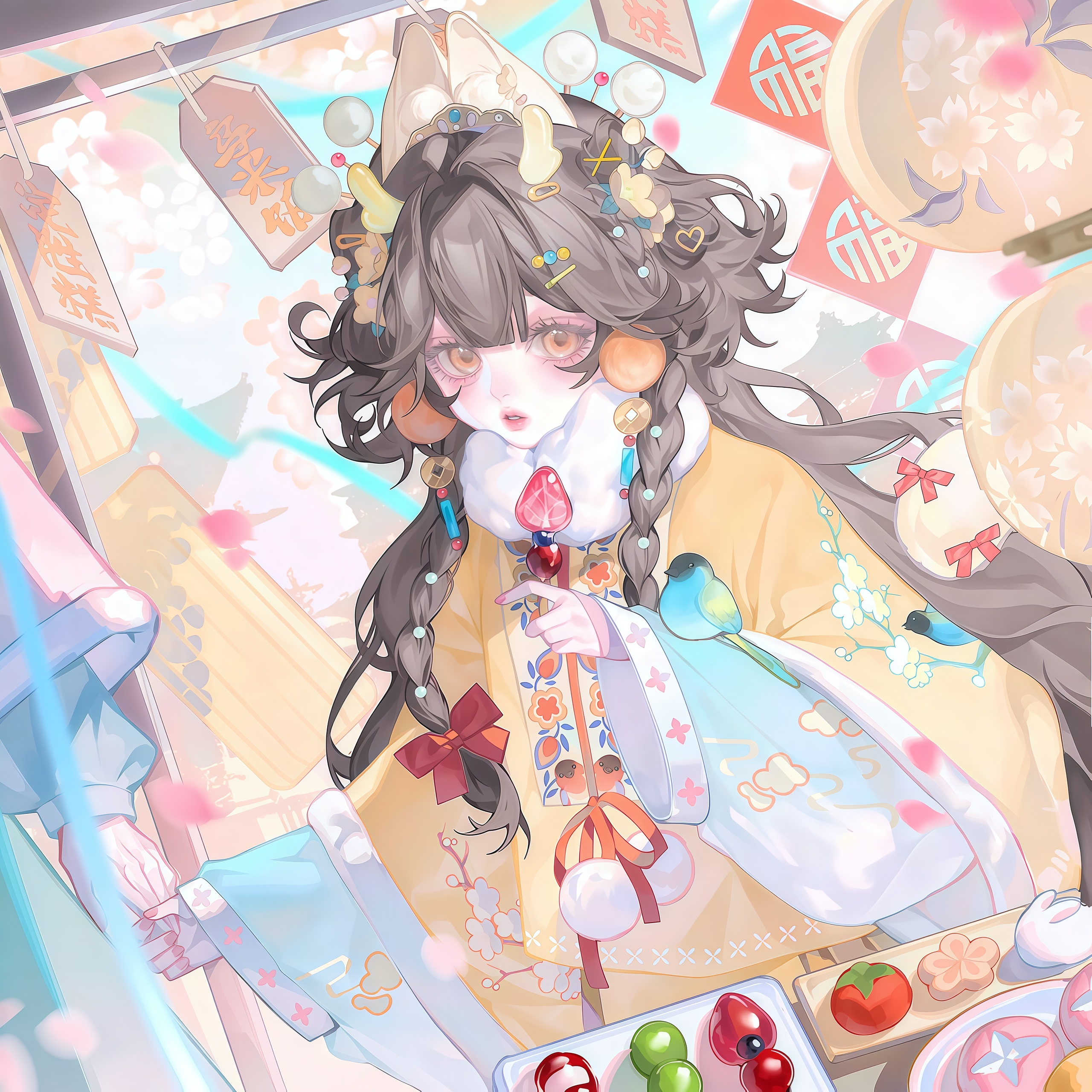 tai01, original, absurdres, highres, large variant set, variant set, 1girl, animal ear fluff, animal ears, bird, braid, brown eyes, brown hair, food, fruit, hair ornament, holding, holding hands, long hair, long sleeves, looking at viewer, solo focus, wide sleeves