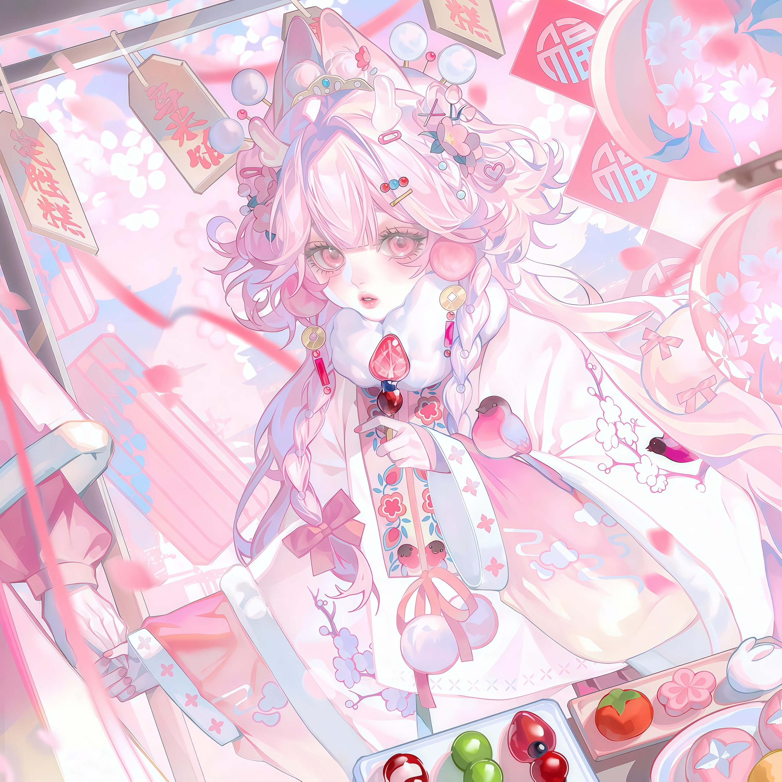 tai01, original, absurdres, highres, large variant set, variant set, 1girl, animal ears, braid, food, fruit, hair ornament, horns, long hair, long sleeves, looking at viewer, pale skin, pink eyes, pink hair, pink theme, strawberry