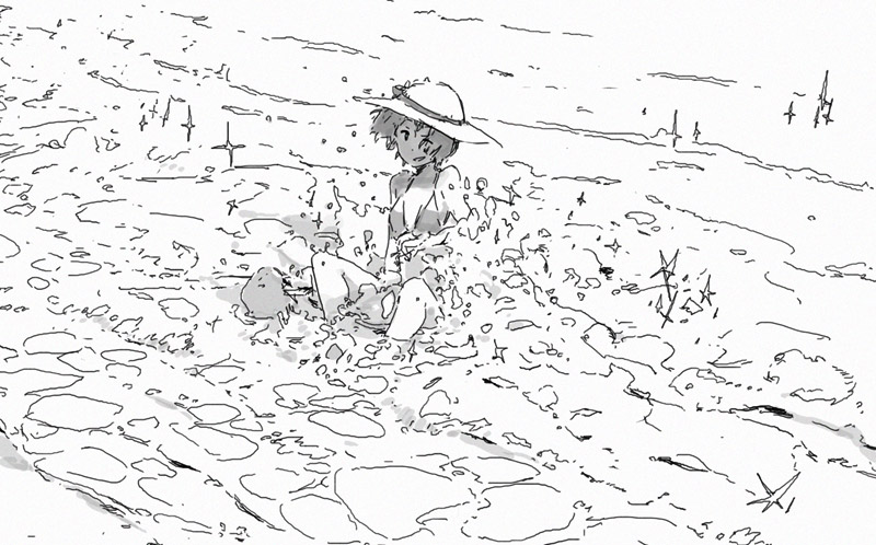 uki atsuya, beach, bikini, greyscale, hat, monochrome, solo, sun hat, swimsuit, waves