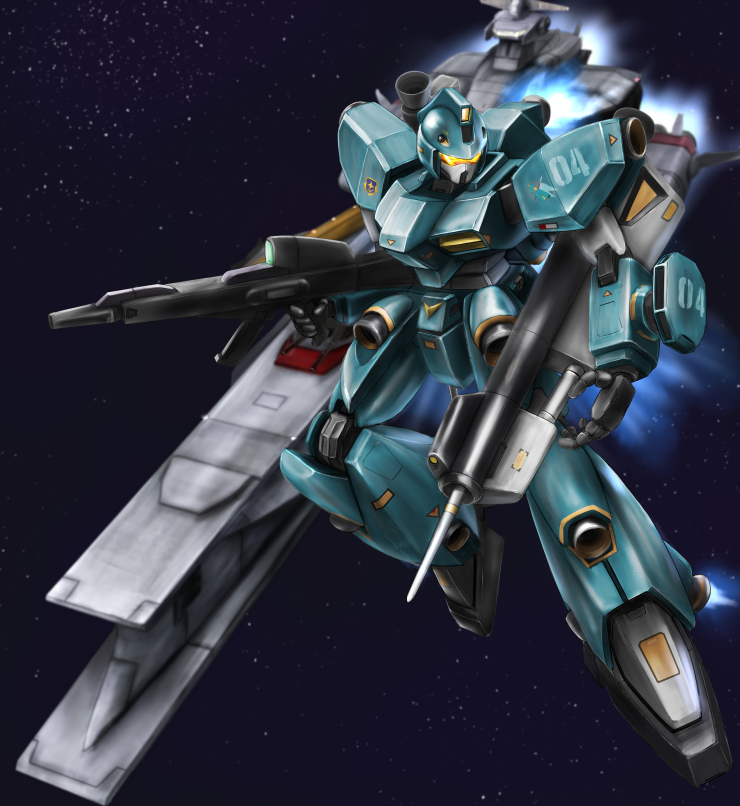 hiwa industry, javelin (gundam), gundam, victory gundam, commentary request, assault visor, beam rifle, energy gun, holding, holding weapon, machinery, mecha, mecha focus, mobile suit, no humans, realistic, robot, science fiction, shot lancer, solo, space, spacecraft, thrusters, weapon, yellow visor