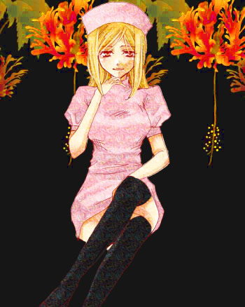 takano miyo, higurashi no naku koro ni, lowres, 00s, blonde hair, crossed legs, long hair, nurse, parted bangs, red eyes, sitting, solo, thighhighs