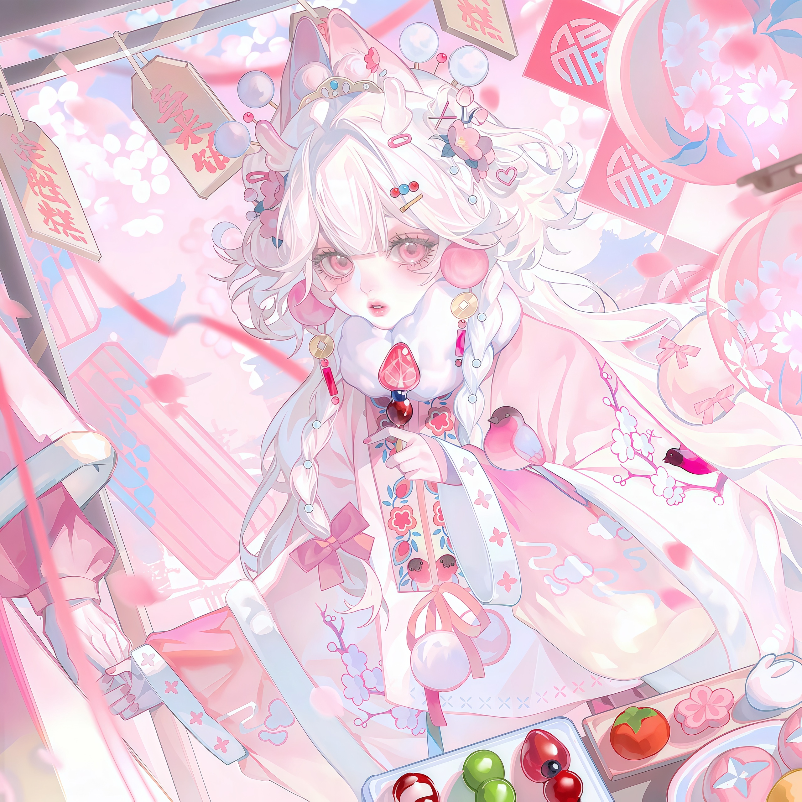 tai01, original, absurdres, highres, large variant set, variant set, 1girl, animal ears, braid, food, fruit, hair ornament, long hair, long sleeves, looking at viewer, pale skin, pink eyes, pink theme, strawberry, white hair
